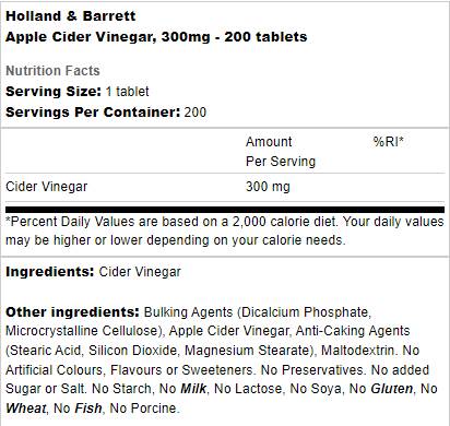 Етикет на Holland And Barrett Apple Cider Vinegar 300 mg