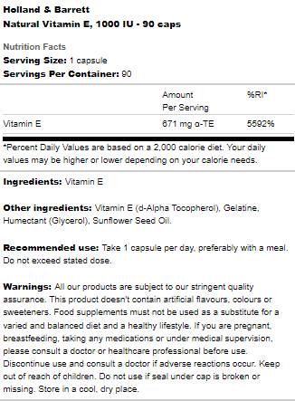 Етикет на Holland And Barrett Natural Vitamin E 400 IU 90 капсули, 90 Дози
