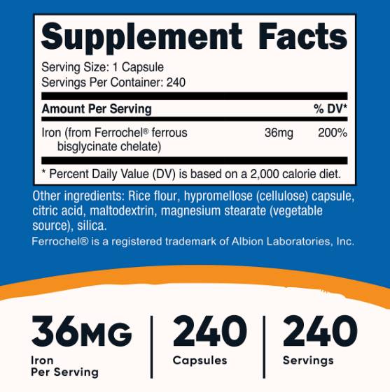 Етикет на Nutricost Iron Chelate from Ferrochel® 18 mg 240 капсули, 240 Дози