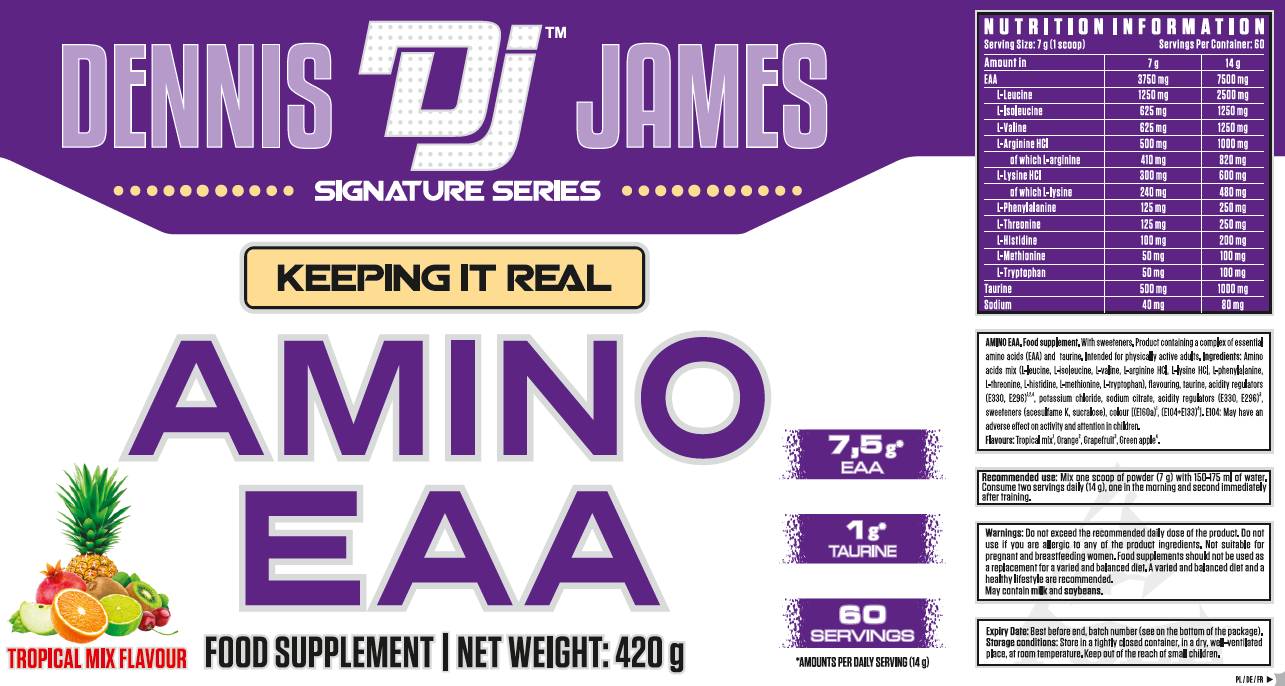 Етикет на Dennis James Signature Series Amino EAA Powder | with Taurine