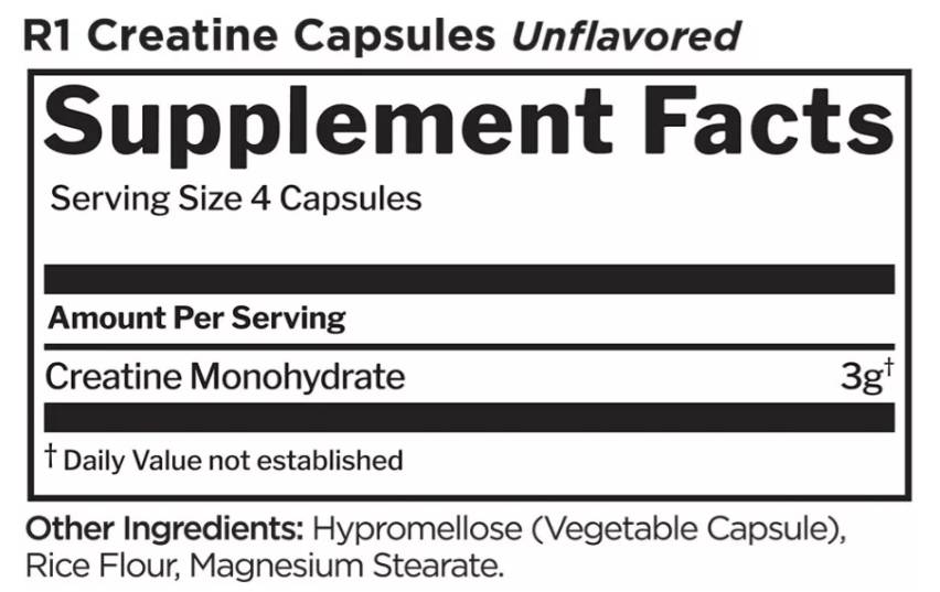 Етикет на Rule1 Creatine Monohydrate Caps 240 капсули, 60 Дози
