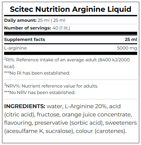 Етикет на Scitec Arginine Liquid 1000 ml. / Orange Passion Fruits