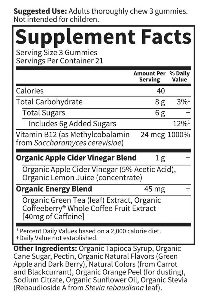 Етикет на Garden Of Life Mykind Organics | Apple Cider Vinegar Energy Gummies 63 желирани бонбони, 21 Дози