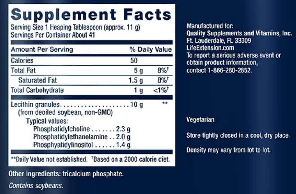 Етикет на Life Extension Lecithin 97 Phosphatides De-Oiled 454 грама, 41 Дози