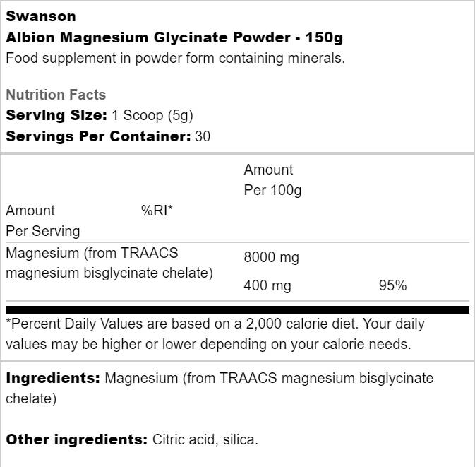Етикет на Swanson Albion Magnesium Glycinate Powder 150 грама, 30 Дози