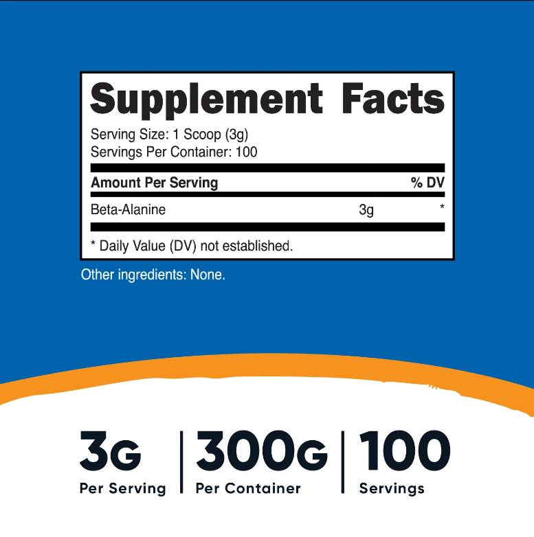 Етикет на Nutricost Beta Alanine 300 грама, 100 Дози