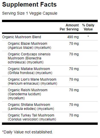 Етикет на Swanson Full Spectrum 7 Mushroom Complex 490 mg 60 капсули, 60 Дози