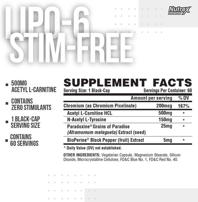 Етикет на Nutrex Lipo 6 Black Ultra Concentrate / Stim-Free 60 капсули, 60 Дози