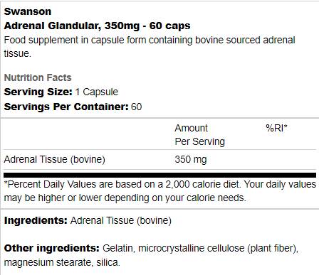 Етикет на Swanson Adrenal Glandular 350 mg 60 капсули, 60 Дози
