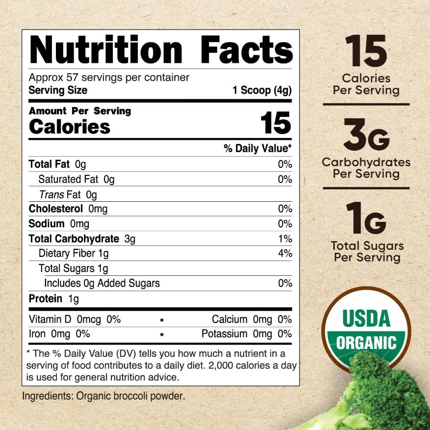 Етикет на Nutricost Organic Broccoli 227 грама, 57 Дози