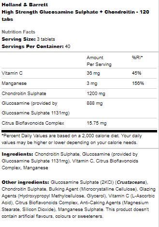 Етикет на Holland And Barrett High Strength Glucosamine Sulphate + Chondroitin 120 Таблетки, 40 Дози
