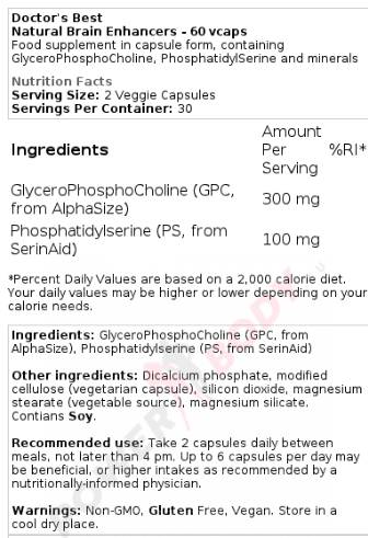 Етикет на Doctor's Best BEST Natural Brain Enhancers 60 капсули, 30 Дози