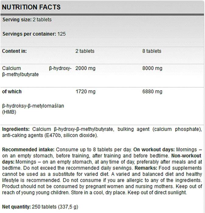 Етикет на FA Nutrition HMB Pro 8000 250 Таблетки, 125 Дози