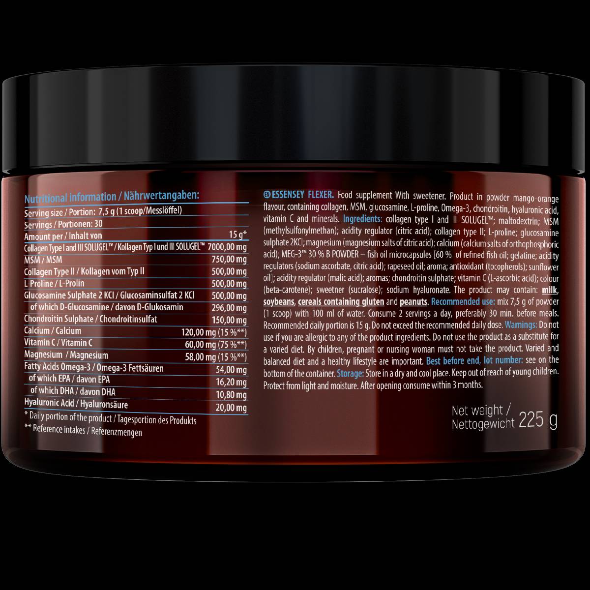 Етикет на Essensey FLEXER | with 7500 mg Collagen Type I, II and III 225 грама, 30 Дози Портокал и манго