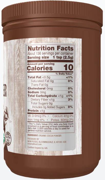 Label of NOW Foods Organic Cocoa Powder | No Sugar Added 340 грама