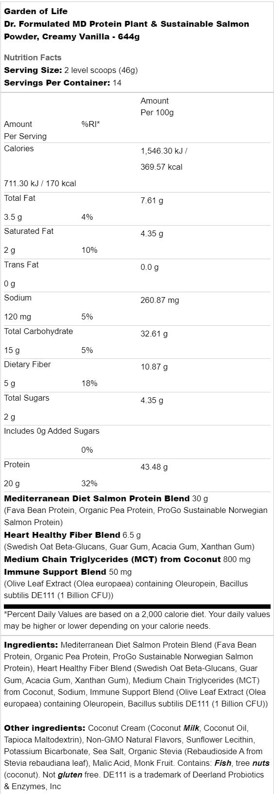 Етикет на Garden Of Life Dr. Formulated MD Protein | Plant & Sustainable Salmon Powder