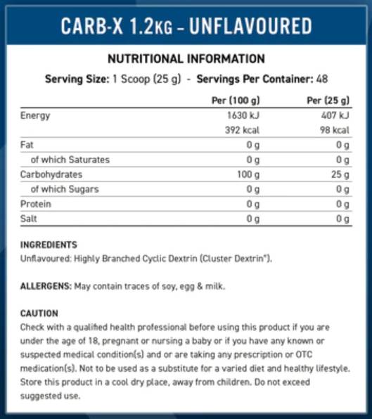 Етикет на Applied Nutrition Carb-X | 100% Cyclic Dextrin Carbohydrates