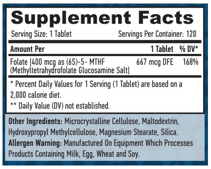 Етикет на Haya Labs Methyl Folate 400 mcg / 120 Tabs