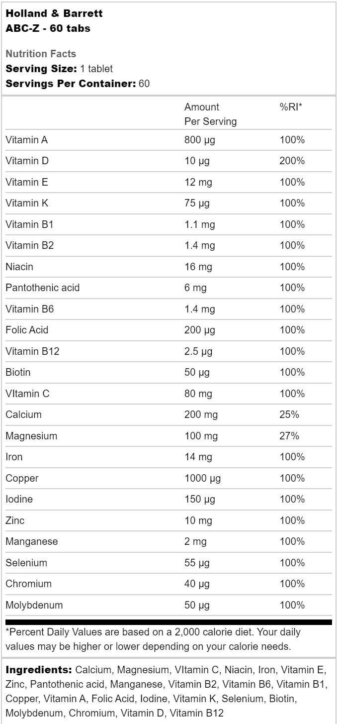 Етикет на ABC-Z Multivitamins
