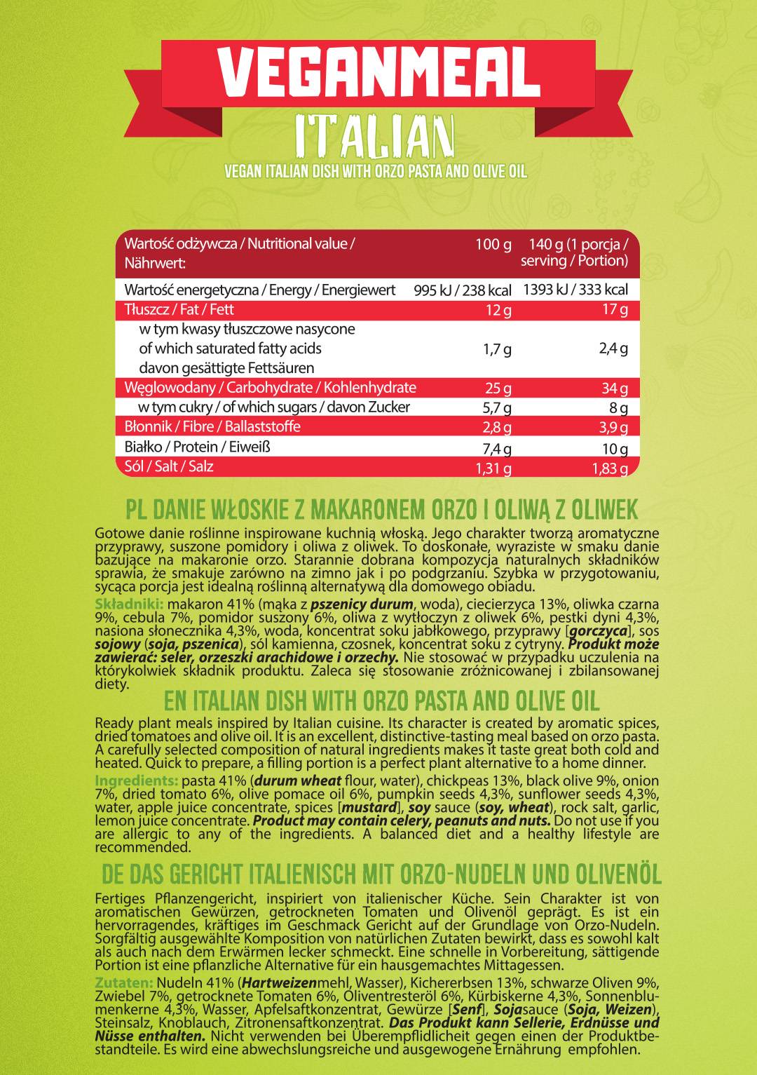 Етикет на AllNutrition Veganmeal Italian | Ready-to-eat High-Protein Meal 280 грама