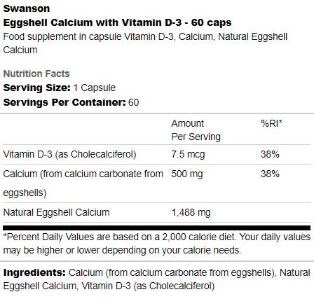 Етикет на Swanson Eggshell Calcium with Vitamin D-3 60 капсули, 60 Дози