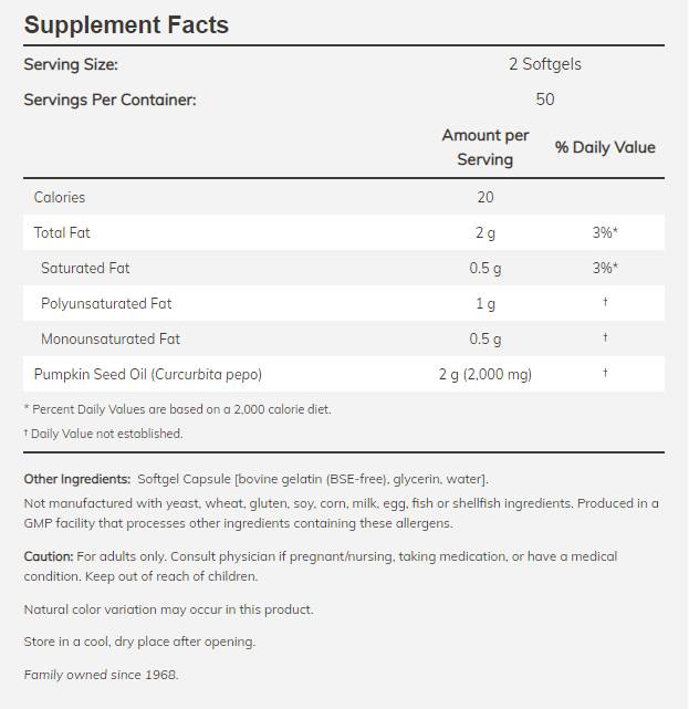 Етикет на Pumpkin Seed Oil 1000 mg