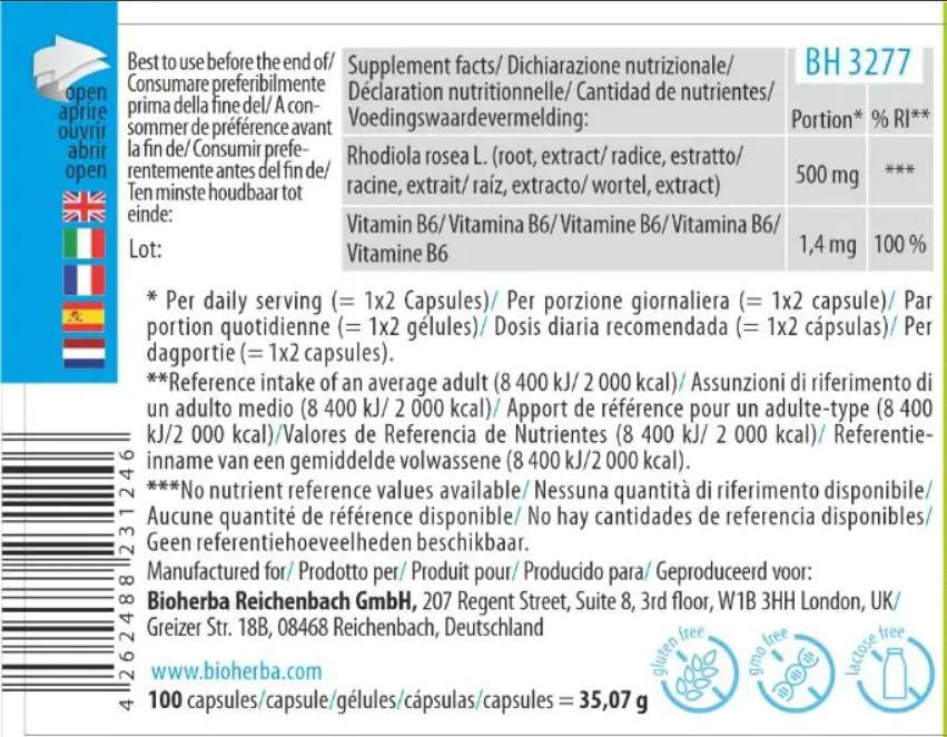 Етикет на ЗЛАТЕН КОРЕН РОДИОЛА ( Rhodiola Rosea Root ) 500 мг.100 капс.