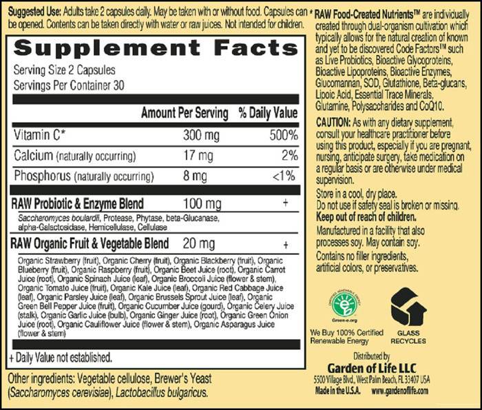 Label of Vitamin Code / RAW Vitamin C