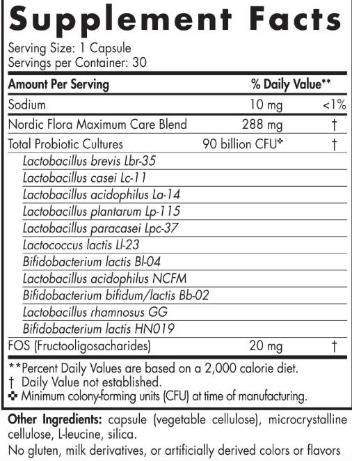 Етикет на Nordic Naturals Nordic Flora Probiotic Maximum Care | 90 Billion Active Cells 30 капсули, 30 Дози