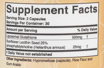 Етикет на Double Wood Supplements Liposomal Glutathione 250 mg 60 капсули, 60 Дози
