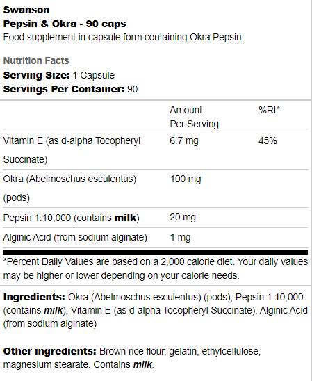 Етикет на Swanson Pepsin & Okra 90 капсули, 90 Дози