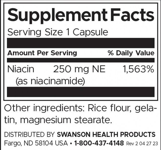 Етикет на Swanson Niacinamide 250 mg 250 капсули, 250 Дози