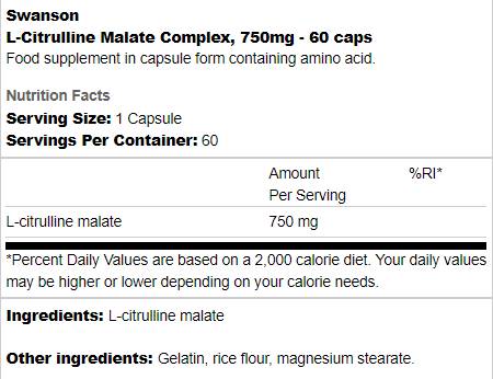 Етикет на Swanson L-Citrulline Malate Complex 750 mg 60 капсули, 60 Дози