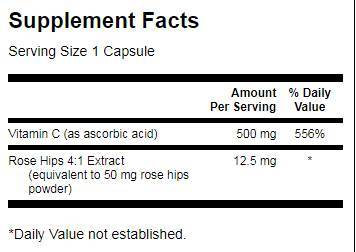 Label of Swanson Vitamin C with Rose Hips 500 mg 250 капсули, 250 Дози