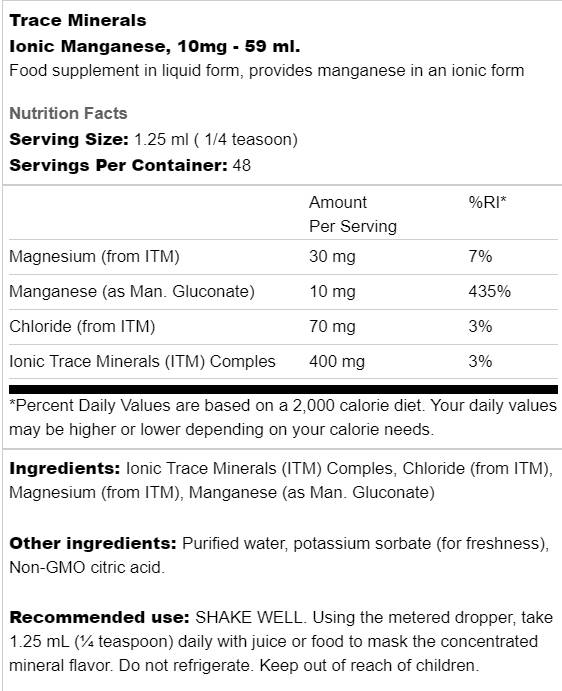 Label of Ionic Manganese 10 mg