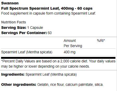 Етикет на Full Spectrum Spearmint Leaf 400 mg