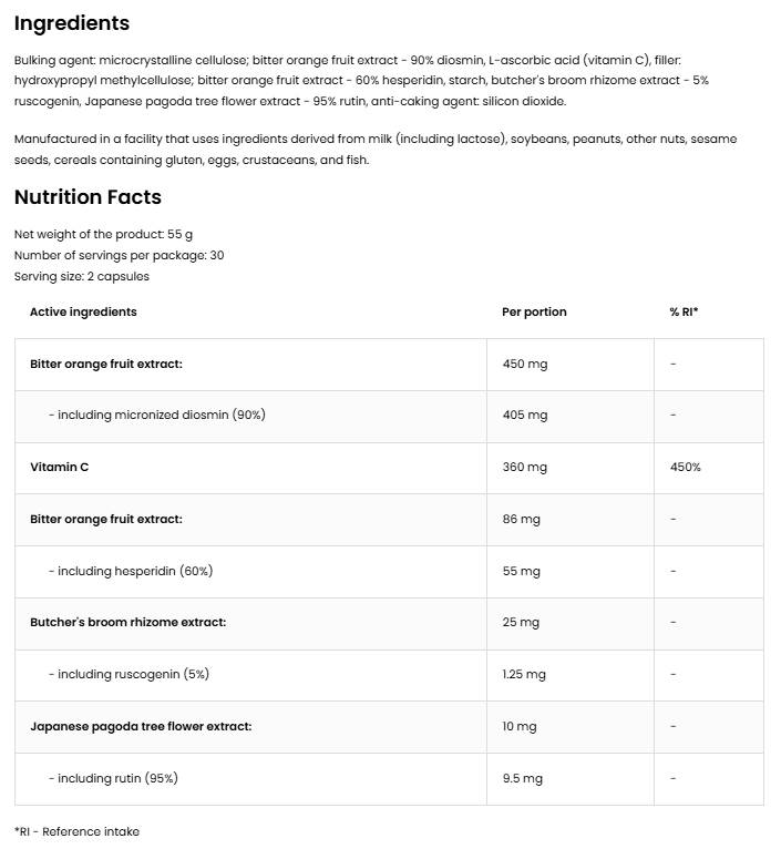 Label of OstroVit Diosmin + Hesperidin + Rutin + Ruscogenin + Vitamin C 60 капсули, 30 Дози