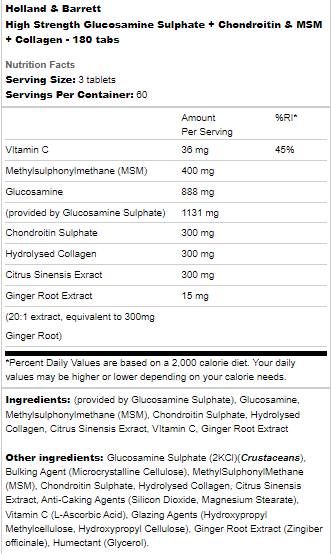 Етикет на Holland And Barrett High Strength Glucosamine Sulphate | With Chondroitin, MSM and Collagen
