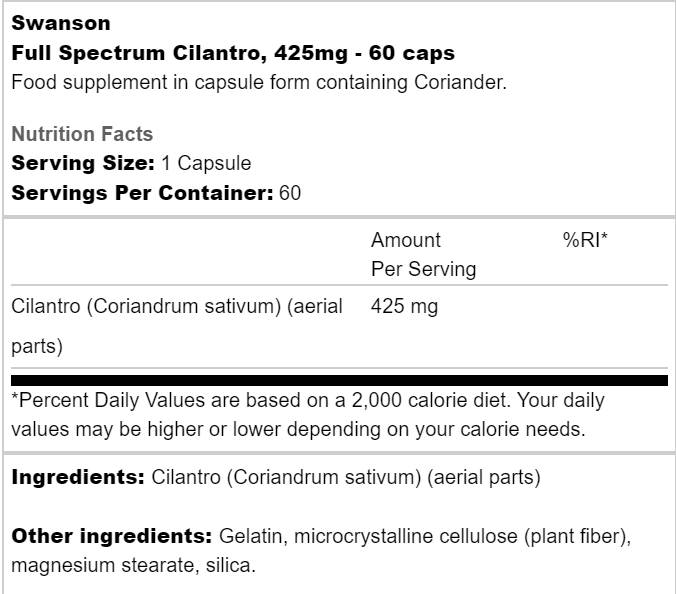 Етикет на Full Spectrum Cilantro 425 mg