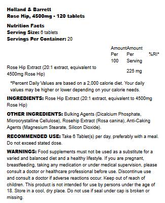 Label of Holland And Barrett Rose Hip 750 mg