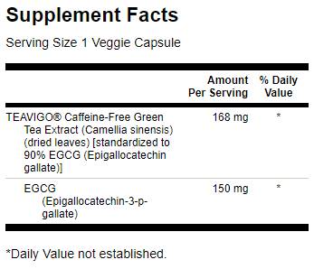 Етикет на Swanson Teavigo Green Tea Extract 90% EGCG 30 капсули, 30 Дози