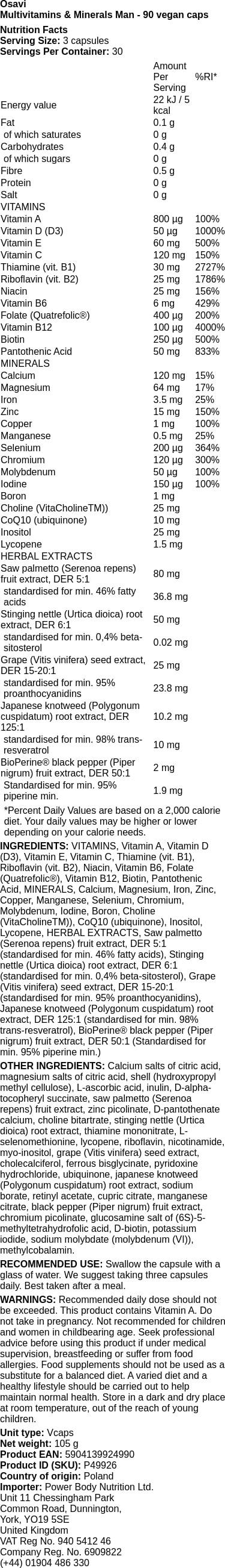 Етикет на Osavi Multivitamins & Minerals Man