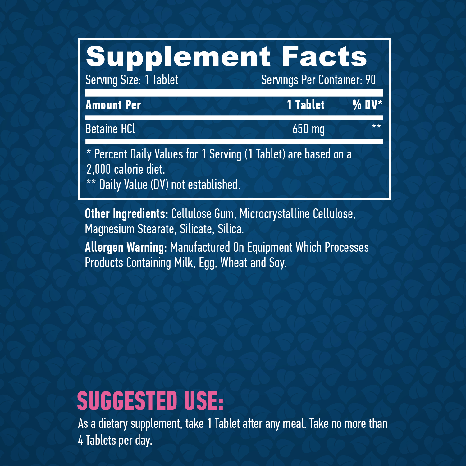 Етикет на Haya Labs Betaine HCL 650mg / 90 Tabs.