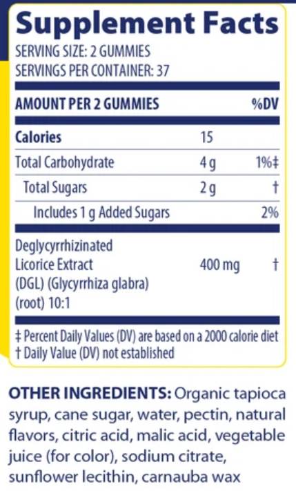 Етикет на Enzymedica DGL Stomach Soothe Gummies 74 желирани бонбони, 37 Дози Шоколад