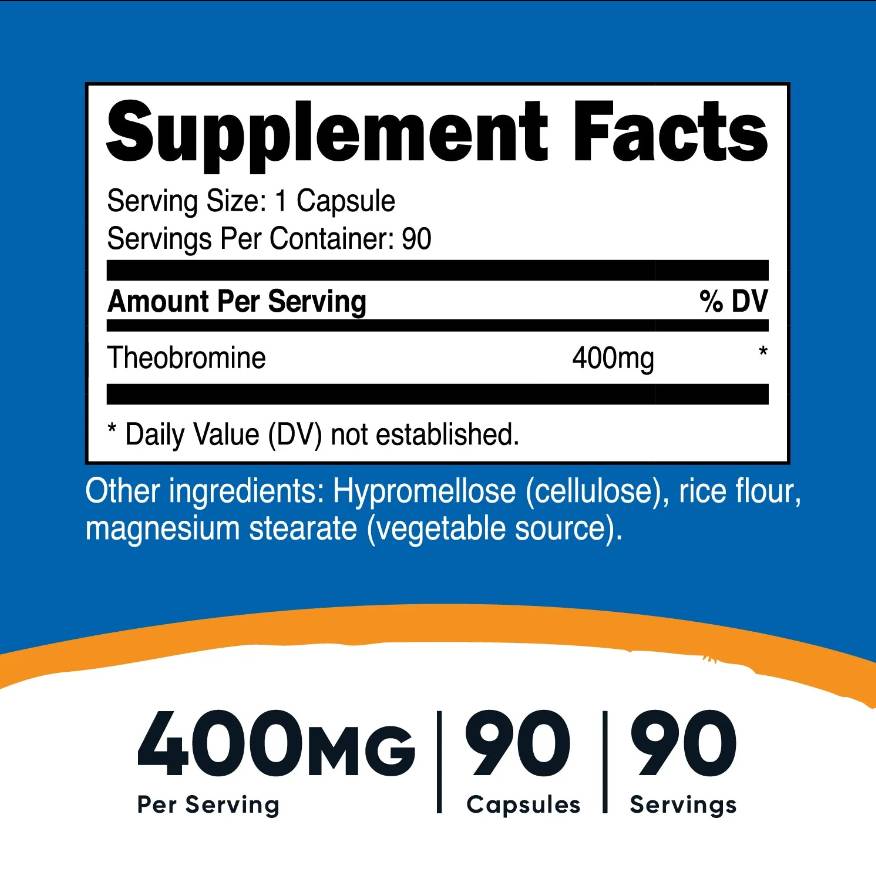 Етикет на Theobromine, 400 mg, 90 капсули, Nutricost
