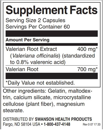 Етикет на Valerian Root Extract, 120 капсули, Swanson