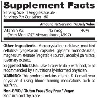 Label of Doctor's Best BEST Natural Vitamin K2 MK-7 45 mcg 60 капсули, 60 Дози