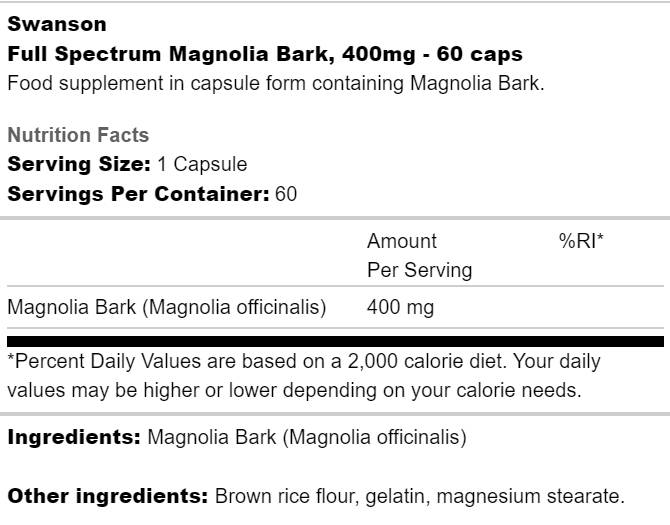 Етикет на Full Spectrum Magnolia Bark 400 mg