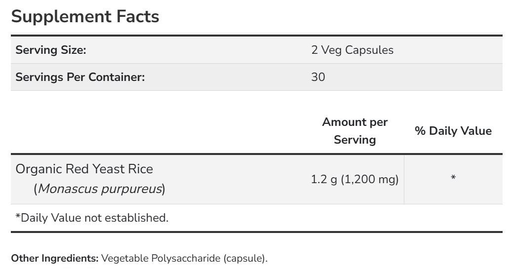 Етикет на NOW Foods Red Yeast Rice 600 mg 240 капсули, 120 Дози
