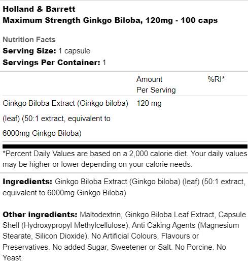 Етикет на Holland And Barrett Maximum Strength Ginkgo Biloba 120 mg 100 капсули, 100 Дози